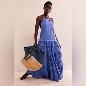 Free People Somewhere Sunny Dropwaist Maxi Dress in Baja Blue